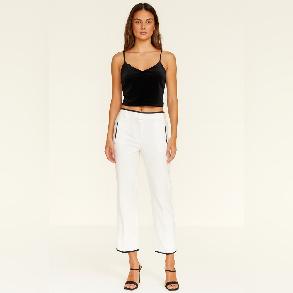 Equipment white wide leg cropped trousers w/ black trim at waist, hem pockets. 6